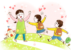 선생님에게 뛰어가는 아이들 그림