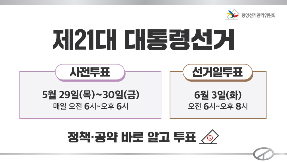중앙선거관리위원회 제21대 대통령선거 사전투표 5월 29일 목부터 30일 금 매일 오전 6시부터 오후 6시 선거일투표 6월 3일 화 오전 6시부터 오후 8시 정책 공약 바로 알고 투표 