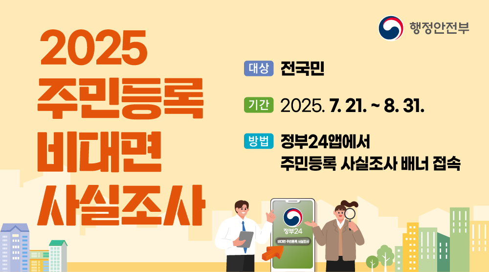 2025 주민등록 사실조사 안내

 가. 대  상 : 전 국민

 나. 기  간 

  - (비대면조사) 2025. 7. 21. ~ 8. 31.

  - (방 문 조 사) 2025. 9. 1. ~ 10. 23.

  ※ 비대면 주민등록 사실조사(7.21. ~ 8.31.)에 참여하지 않은 세대와 중점조사 대상 세대는 2025. 9. 1. ~ 10. 23.까지 방문조사가 이루어집니다

  ※ 단, 비대면 사실조사에 참여했더라도 중점조사 대상이 포함된 세대에 대해서는 방문 조사가 진행됩니다.

 다. 중점조사 대상 : 100세 이상  고령자, 장기 거주불명자, 사망의심자, 복지취약계층, 장기 미인정 결석 및 학령기 미취학 아동