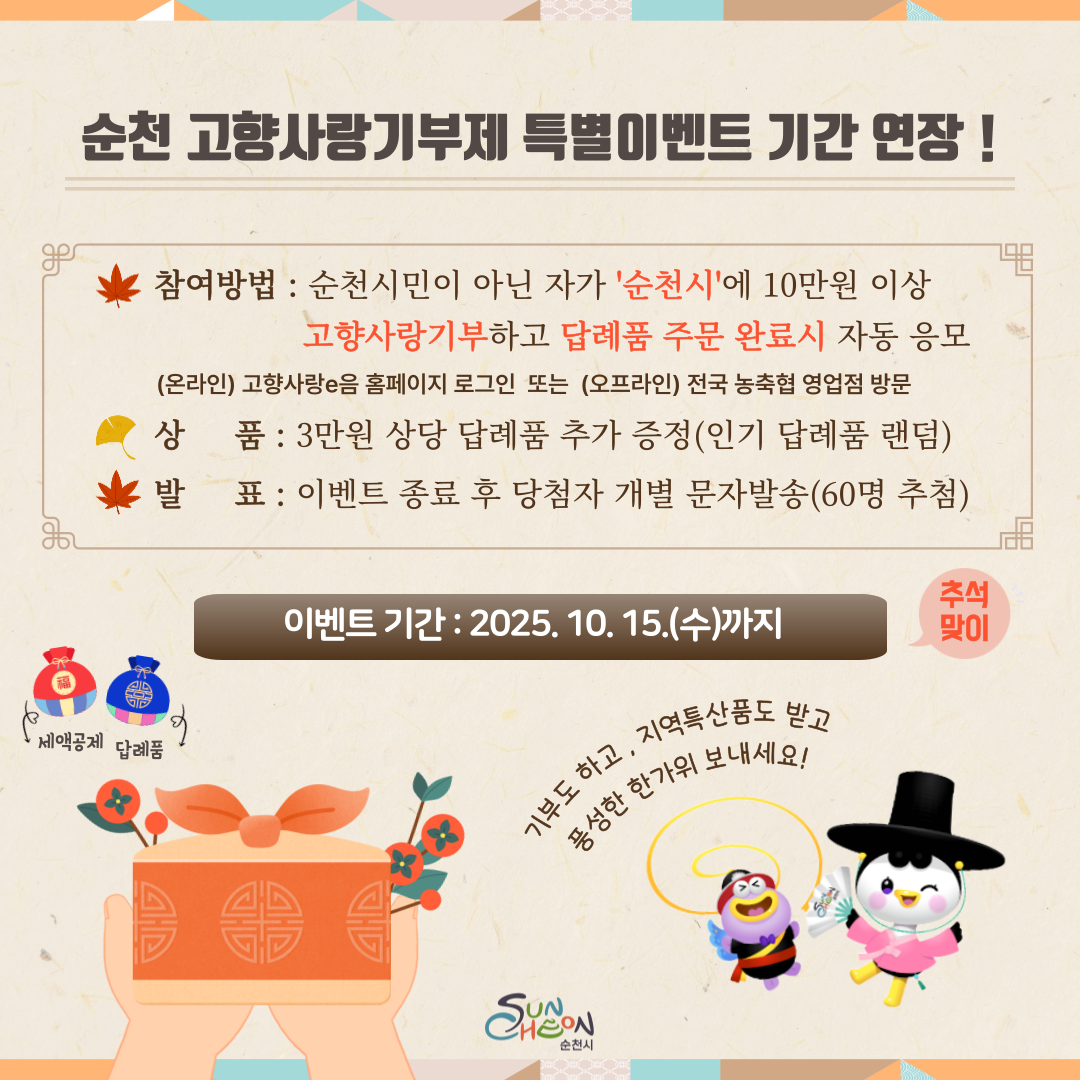 순천 고향사랑기부제 특별이벤트 기간 연장
참여방법 : 순천시민이 아닌자가 '순천시'에 10만원 이상 고향사랑기부하고 답례품 주문 완료시 자동응모
(온라인)고향사랑e음 홈페이지 로그인 또는 (오프라인) 전국 농축협 영업점 방문
상품 : 3만원 상당 답례품 추가 증정(인기 답례품 랜덤)
발표 : 이벤트 종료 후 당첨자 개별 문자발송(60명 추첨)
이벤트 기간 : 2025. 10. 15(수)까지
기부도하고, 지역특산품도 받고 풍성한 한가위 보내세요!
순천시
