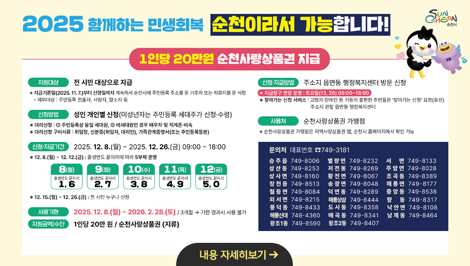 2025 함꼐하는 민생회복 순천시라서 가능합니다!
1인당 20만원 순천사랑상품권 지급
지원대상 전 시민 대상으로 지급
신청방법 성인 개인별 신청(미성년자는 주민등록 세대주가 신청 수령)
신청지급기간 2025.12.8.(월) ~ 2025.12.26.(금) 09:00~18:00
사용기한 2025.12.8.(월) ~ 2026.2.28.(토)
사용처 순천사랑상품권 가맹점
내용 자세히보기