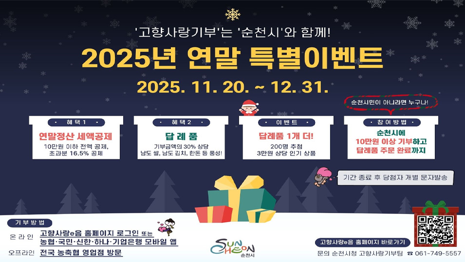 고향사랑기부는 순천시와 함께
2025년 연말 특별이벤트
2025. 11. 20. ~ 12. 31.
혜택1 연말정산 세액공제 : 10만원 이하 전액 공제, 초과분 16.5%공제
혜택2 답례품 : 기부금액의 30%상당 남도 쌀, 남도 김치, 한돈 등 풍성
이벤트 답례품 1개더 ! : 200명 추첨 3만원 상당 인기 상품
참여방법 : 순천시에 10만원 이상 기부하고 답례품 주문 완료까지(순천시민이 아니라면 누구나)
기간종료 후 당첨자 개별 문자발송
기부방법
온라인 고향사랑e음 홈페이지 로그인 또는 농협, 국민, 신한, 하나, 기업은행 모바일 앱
오프라인 전국 농축협 영업점 방문
고향사랑 e음 홈페이지 바로가기 큐알
문의 순천시청 고향사랑기부팀 061-749-5557