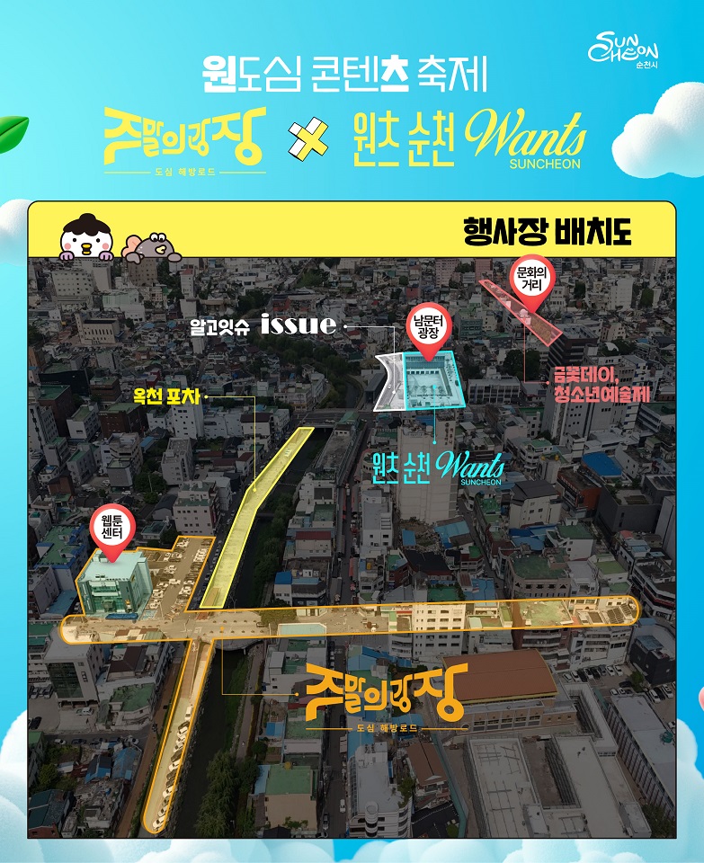    순천 원도심에서 한바탕! ‘문화콘텐츠 대축제’ 열린다 - 6월 7 ~ 8일, 이틀간 원도심 시민로와 남문터광장서 대형 콘텐츠 축제 열려- 부서별 융복합 행사 연계를 통해 파격적인 원도심 변화 예고 순천시(시장 노관규)는 오는 6월 7일부터 8일까지 이틀간 시민로와 남문터광장 등 원도심 일원에서 문화콘텐츠 대축제가 열린다고 밝혔다. 이번 행사는 대한민국 문화도시 사업인 ‘주말의 광장’, 콘텐츠 축제 ‘원츠(Wants) 순천’과 정책 축제 ‘알고잇슈(Issue)’등을 연계하여 원도심 전역을 새로운 문화광장으로 재탄생시킨다. 먼저 ‘주말의 광장’은 차량이 다니던 도로를 콘텐츠로 채워 사람들이 즐기는 문화공간으로 탈바꿈시키는 도심 해방로드로, 이번 6월 원도심에서 처음 선보이며 연중 도심 권역별로 확대될 예정이다. 원도심 시민로 일원에서는 유명 크리에이터 창현의 거리노래방과 춤추는 곰돌의 랜덤댄스, 야외 레이저태그, 인기 캐릭터 팝업스토어, 창작마켓, 캐리커처, 미디어아트 등 다양한 볼거리와 즐길거리가 펼쳐진다. 같은 기간, 남문터광장 일원에서는 콘텐츠 축제 ‘원츠 순천’과 정책 축제 ‘알고잇슈’가 함께 열린다. ‘원츠 순천’은 원도심 웹툰·애니메이션 클러스터 조성의 비전을 제시하고, 순천의 콘텐츠 산업 생태계를 시민과 공유하는 자리로 마련된다. 시 대표 캐릭터인 ‘루미‧뚱이’ 팝업매장, ‘신비아파트’ 싱어롱쇼, 인기 캐릭터 ‘벨리곰’ 펀 워킹, 애니메이션 ‘퇴마록’ 상영 등 다양한 콘텐츠를 선보일 예정이다. ‘알고잇슈’는 시민들이 일상생활과 밀접한 정책을 쉽고 재미있게 이해하고 체험할 수 있도록 기획됐다. 아동·청소년, 청년·신혼부부 등 계층별 부스를 통해 실질적인 정책 정보를 제공하며, 주제관에서는 순천의 도시 위상 변화와 미래 비전을 시각적으로 소개한다. 아울러 옥천변에는 인기 캐릭터 ‘몰랑이’ 조형물이 포토존 역할을 하고, 도심 속 캠핑형 휴식공간, 옥천 포차도 함께 운영된다. 원도심 골목 상권과 연계한 배달존도 운영되어 지역 음식과 상점 홍보에도 힘쓸 계획이다. 이와 함께 문화의 거리에서도 지역 소상공인과 창작자가 참여하는 로컬 플리마켓인 ‘금꽃마켓’과 지역 청소년들의 문화 경연대회인 ‘청소년예술제’가 열려 축제의 분위기를 더한다. 어두웠던 도심의 저녁은 이틀간 메인 공연으로 밝게 채워진다. 7일은 인기 가수 ‘에일리’가 참여하는 원츠쇼가, 8일은 인기 밴드 ‘데이브레이크’를 필두로 엔딩로드쇼가 진행될 예정이다. 노관규 순천시장은 “원도심 전체를 문화콘텐츠로 채우고, 나아가 젊은이들과 기업이 몰려드는 살아있는 문화 도시를 만들어 가겠다”고 말했다. 한편, 행사기간 동안 시민로 일원(글로벌웹툰센터 ~ K2)과 남문터광장 옆 옥천길 일부 구간의 차량이 통제된다.  