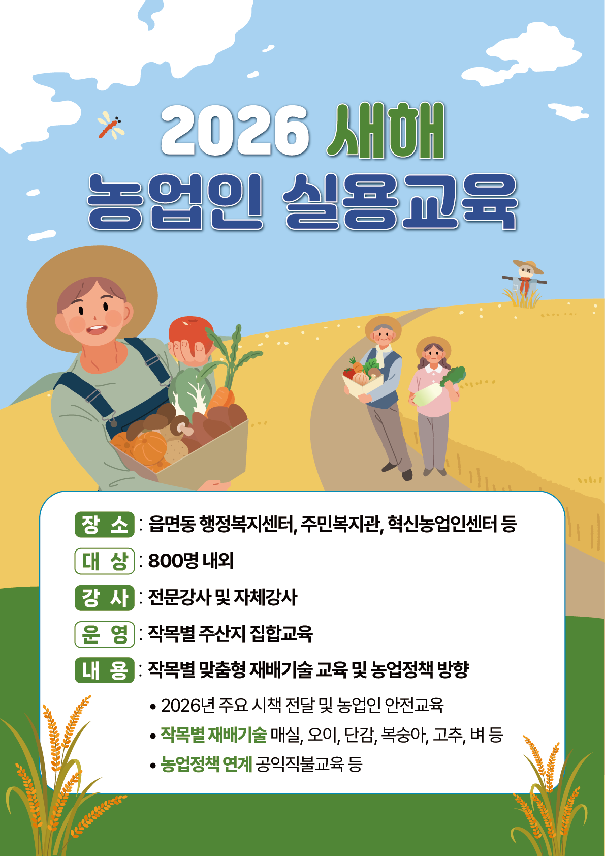 2026 새해 농업인 실용교육
장소 : 읍면동 행정복지센터, 주민복지관, 혁신농업인센터 등
대상 : 800명 내외
강사 : 전문강사 및 자체강사
운영 : 작목별 주산지 집합교육
내용 : 작목별 맞춤형 재배기술 교육 및 농업 정책 방향
 - 2026년 주요 시책 전달 및 농업인 안전교육
 - 작목별 재배기술 매실, 오이, 단감, 복숭아, 고추, 벼 등
 - 농업정책 연계 공익직불교육 등