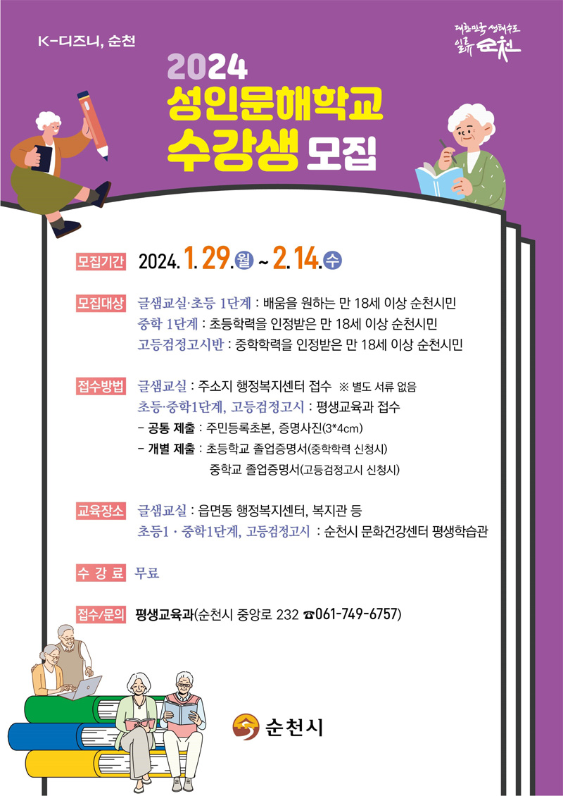 K-디즈니, 순천
2024 성인문해학교 수강생 모집
모집기간 2024.1.29.월-2.14.수
모집대상
글샘교실.초등 1단계 배움을 원하는 만 18세 이상 순천시민
중학1단계 초등학력을 인정받은 만 18세 이상 순천시민
고등검정고시반 중학학력을 인정받은 만 18세 이상 순천시민
접수방법
글샘교실 주소지 행정복지센터 접수, 별도 서류 없음
초등.중학1단계, 고등검정고시 평생교육과 접수
-공통 제출 주민등록초본, 증명사진(3X4cm)
-개별 제출 초등학교 졸업증명서(중학학력 신청시), 중학교 졸업증명서(고등검정고시 신청시)
교육장소
글샘교실 읍면동 행정복지센터, 복지관 등
초등1.중학1단계, 고등검정고시 순천시 문화건강센터 평생학습관
수강료 무료
접수문의 평생교육과(순천시 중앙로 232 061-749-6757)