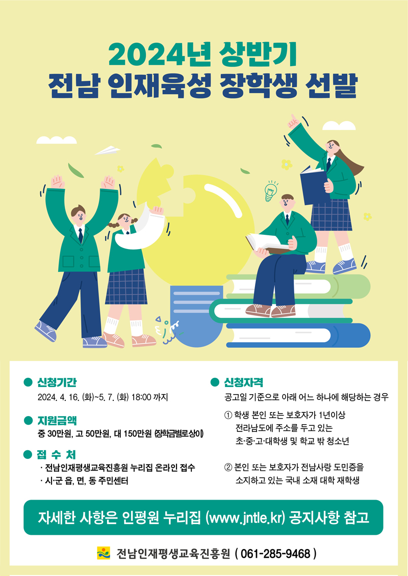 2024년 상반기 전남 인재육성 장학생 선발 신청기간 2024.4.16.(화)-5.7.(화) 18시까지 지원금액 중 30만원, 고 50만원, 대 150만원(장학금별로상이) 접수처 전남인재평생교육진흥원 누리집 온라인 접수 시군읍면동 주민센터 신청자격 공고일 기준으로 아래 어느하나에 해당하는 경우 1. 학생 본인 또는 보호자가 1년이상 전라남도에 주소를 두고 있는 초중고대학생 및 학교 밖 청소년 2. 본인 또는 보호자가 전남사랑 도민증을 소지하고 있는 국내 소재 대학 재학생 자세한 사항은 인평원 누리집(www.jntle.kr) 공지사항 참고 전남인재평생교육진흥원(061-285-9468)