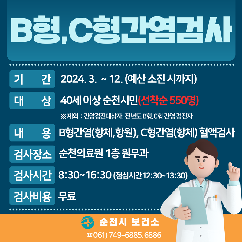 B형, C형간염검사
기간 2024.3-12.(예산 소진 시까지)
대상 40세 이상 순천시민(선착순 550명)
제외 간암검진대상자, 전년도 B형, C형 간염 검진자
내용 B형간염(항체, 항원), C형간염(항체) 혈액검사
검사장소 순천의료원 1층 원무과
검사시간 8시30분-16시30분(점심시간 12시30분-13시30분)
검사비용 무료
순천시보건소 061)749-6885, 6886