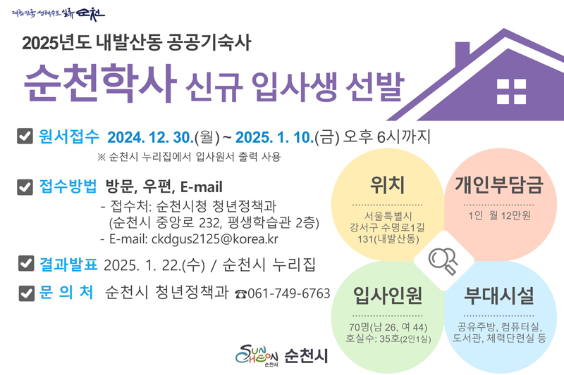 2025년도 내발산동 공공기숙사 순천학사 신규 입사생 선발
원서접수 2024.12.30.(월)-2025.1.10.(금) 오후6시까지
순천시 누리집에서 입사원서 출력 사용
접수방법 방문, 우편, E-mail
접수처 순천시청 청년정책과(순천시 중앙로 232, 평생학습관 2층) E-mail ckdgus2125골뱅이korea.kr
결과발표 2025.1.22.(수) 순천시 누리집
문의처 순천시 청년정책과 061-749-6763
위치 서울특별시 강서구 수명로1길 131(내발산동)
개인부담금 1인 월 12만원
입사인원 70명(남26, 여44) 호실수 35호(2인1실)
부대시설 공유주방, 컴퓨터실, 도서관, 체력단련실 등
