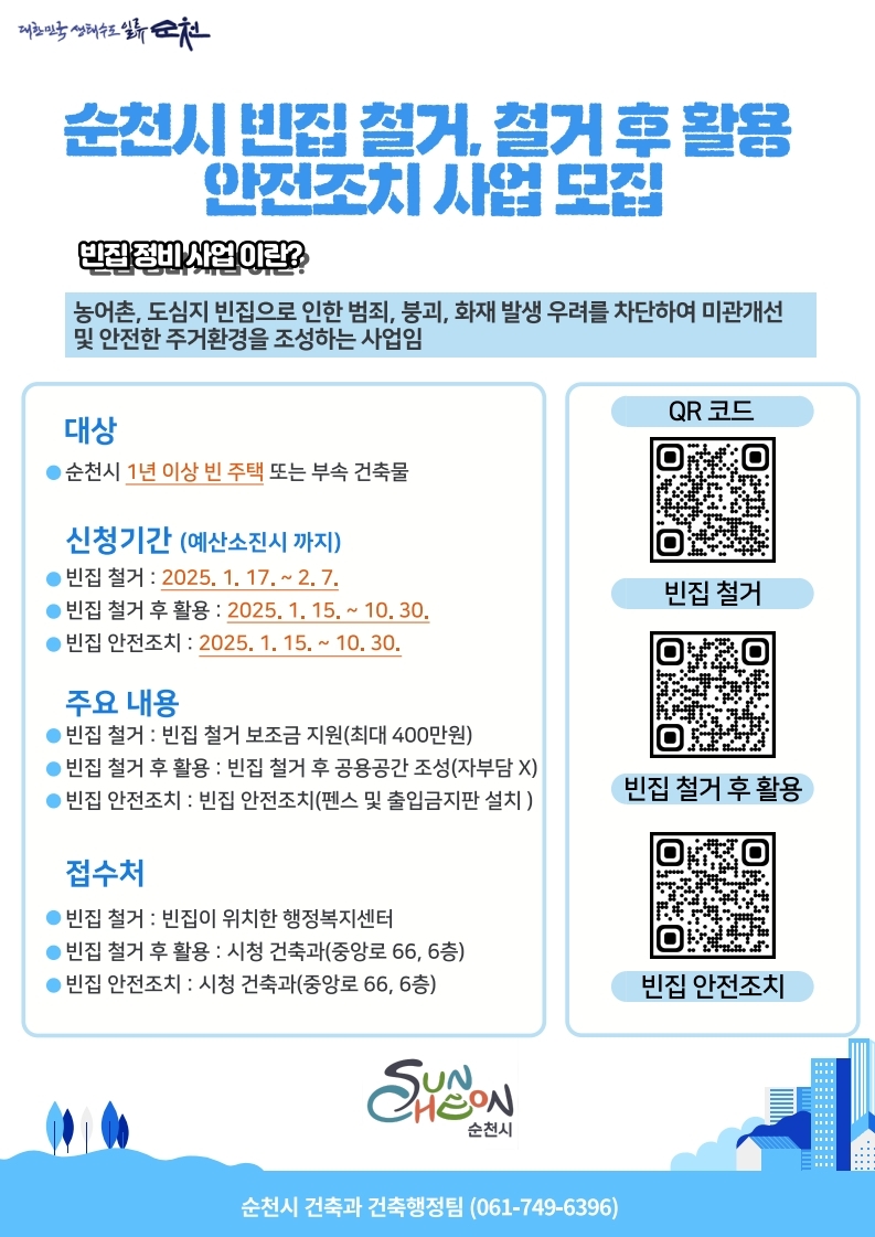 대한민국 생태수도 일류 순천
순천시 빈집철거 철거후 활용 안전조치 사업 모집
빈집정비사업이란 농어촌 도심지 빈집으로 인한 범죄 붕괴 화재발생 우려를 차단하여 미관개선 및 안전한 주거환경을 조성하는 사업임
대상 순천시 1년이상 빈주택 또는 부속건축물
신청기간 예산소진시까지
빈집철거 2025년 1월 17일부터 2월 7일
빈집철거후활용 2025년 1월 15일부터 10월 30일
빈집 안전조치 2025년 1월 15일부터 10월 30일
주요내용
빈집철거 빈집철거 보조금 지원 최대 400만원
빈집철거 후 활용 빈집철거 후 공용공간 조성 자부담 없음
빈집 안전조치 빈집 안전조치 펜스 및 출입금지판 설치
접수처
빈집철거 빈집이 위치한 행정복지센터
빈집철거후활용 시청건축과 중앙로 66 6층
빈집안전조치 시청건축과 중앙로 66 6층
큐알코드 빈집철거 빈집철거 후 활용 빈집 안전조치
순천시 건축과 건축행정팀 061에749에6396
