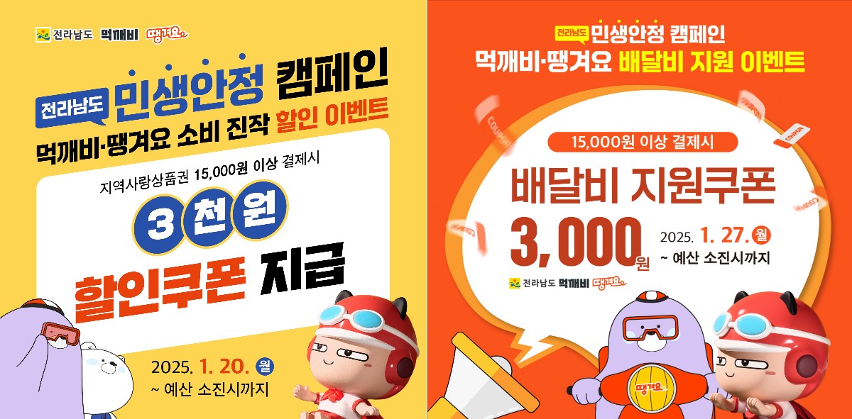 전라남도 먹깨비 땡겨요
전라남도 민생안정 캠페인 먹깨비 땡겨요 소비진작 할인이벤트 지역사랑상품권 만오천원 이상 결제시 삼천원 할인쿠폰 지급 2025년 1월 20일 월요일 부터 예산소진시까지
전라남도 민생안정 캠페인 먹깨비 땡겨요 배달비 지원 이벤트 만오천원 이상 결제시 배달비 지원쿠폰 삼천원 2025년 1월 27일 월요일 부터 예산소진시까지