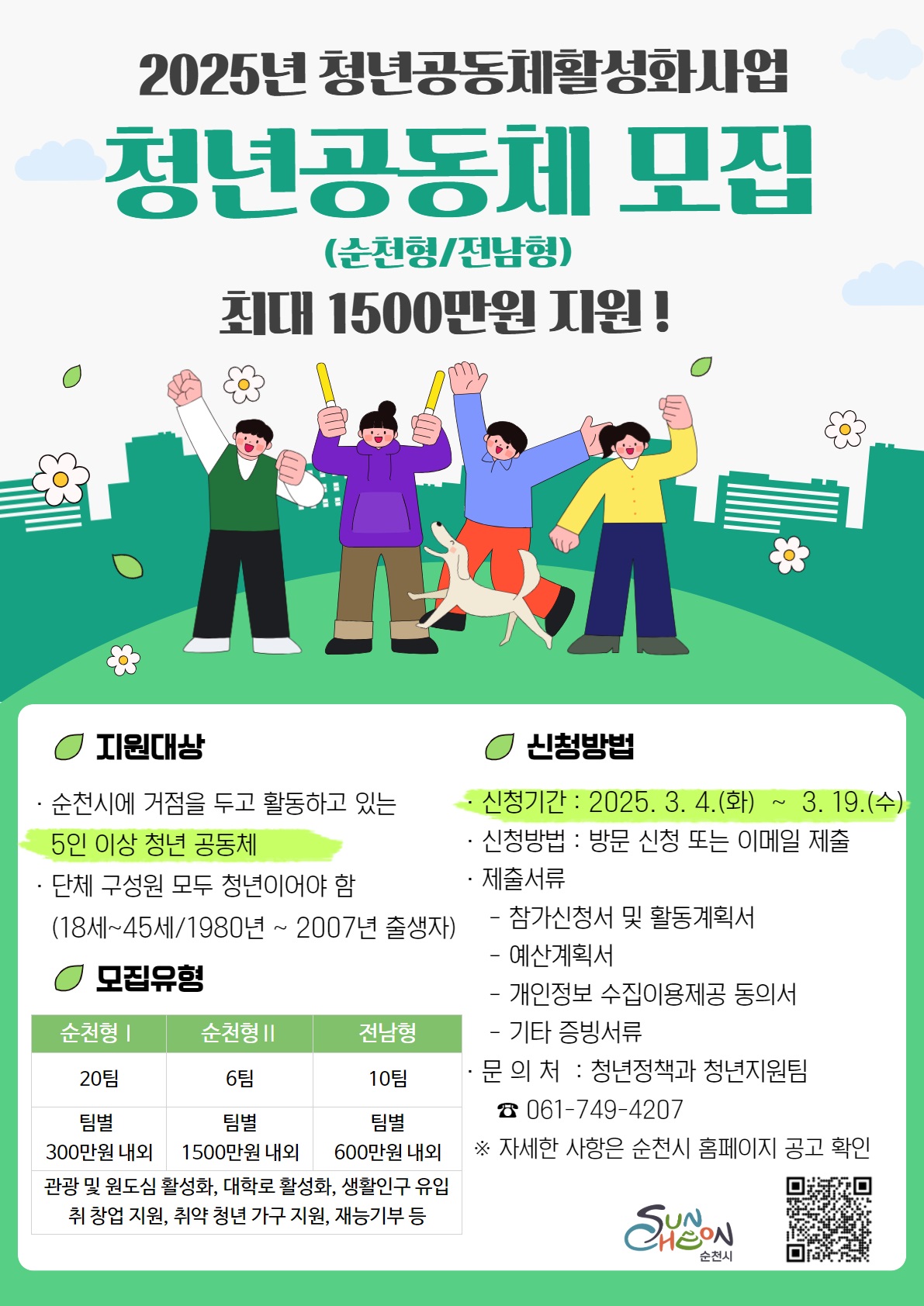 2025년 청년공동체활성화사업 청년공동체 모집 순천형 전남형 최대 1500만원 지원
지원대상 순천시에 거점을 두고 활동하고 있는 5인이상 청년공동체 단체 구성원 모두 청년이어야 함 18세부터 45세 1980년부터 2007년 출생자
모집유형 순천형1 20팀 팀별 300만원 내외 순천형 2 6팀 팀별 1500만원 내외 전남형 10팀 팀별 600만원 내외 관광 및 원도심 활성화 대학로 활성화 생활인구 유입 취창업지원 취약 청년가구 지원 재능기부 등
신청방법 신청기간 2025년 3월4일 화요일부터 3월 19일 수요일까지 신청방법 방문신청 또는 이메일 제출 제출서류 참가신청서 및 활동계획서 예산계획서 개인정보 수집이용제공 동의서 기타 증빙서류 문의처 청년정책과 청년지원팀 061 749 4207 자세한 사항은 순천시 홈페이지 공고 확인