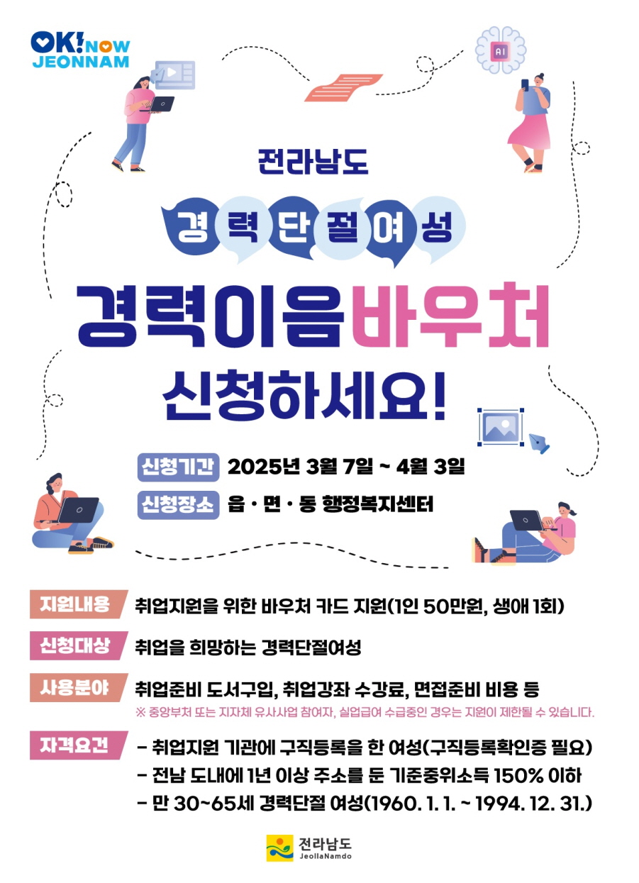 전라남도 경력단절여성 경력이음바우처 신청하세요 신청기간 2025년3월 7일부터 4월 3일까지 신청장소 읍면동 행정복지센터
지원내용 취업지원을 위한 바우처 카드 지원 1인 50만원 생애1회 신청대상 취업을 희망하는 경력단절 여성 사용분야 취업준비 도서구입 취업강좌 수강료 면접준비 비용 등 중앙부처 또는 지자체 유사사업 참여자 실업급여 수급중인 경우는 지원이 제한될 수 있습니다 자격요건 취업지원 기관에 구직등록을 한 여성 구직등록 확인증 필요 전남 도내에 1년이상 주소를 둔 기준 중위소득 150퍼센트 이하 만 30에서 65세 경력단절 여성 1960년 1월 1일부터 1994년 12월 31일까지