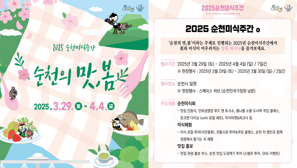 2025 순천 미식주간 순천의 맛 봄 2025년 3월 29일 토요일부터 4월 4일 금요일 2025 순천 미식주간 2025 순천 미식주간 순천의 맛 봄 이라는 주제로 진행되는 2025년 순천 미식주간에서 꽃과 미식이 어우러지는 정원피크닉을 즐겨보세요 행사기간 2025년 3월 29일 토요일부터 2025년 4월 4일 일요일 7인간 현장행사 2025년 3월 29일 토요일부터 2025년 3월 30일 일요일 2일간 행사장소 순천시 일원 현장행사 스페이스 허브 순천만국가정원 남문 주요내용 순천미식회 맛집 인증식 안유성명장 푸드앤 토크쇼 봄나물 소풍 도시락 쿠킹클래스 토크앤다이닝 위드 로컬셰프 미식마켓 피크닉 등 미식체험 미식 로컬 투어 낙안풍류 전통시장 투어 쿠킹클래스 순천 차 명인과 함께 정원에서 즐기는 차 체험 맛집 홍보 맛집 관광홍보부스 순천 맛집 도장꺠기 투어 스탬프투어 에스엔에스 이벤트