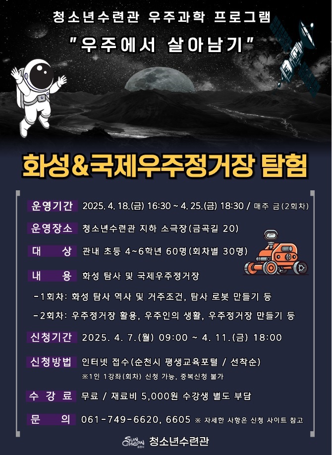 청소년수련관 우주과학 프로그램 우주에서 살아남기 화성 국제우주정거장 탐험 운영기간 2025년 4월 18일 금 16시 30부터 4월 25일 금 18시 30 매주 금 2회차 운영장소 청소년 수련관 지하 소극장 금곡길 20 대상 관내 초등 4에서 6학년 60명 회차별 30명 내용 화성탐사 및 국제 우주정거장 1회차 화성탐사 역사 및 거주조건 탐사 로봇 만들기 등 2회차 우주정거장 활용 우주인의 생활 우주정거장 만들기 등 신청기간 2025년 4월 7일 월 9시부터 4월 11일 금 18시 신청방법 인터넷 접수 순천시 평생교육포털 선착순 1인 1강좌 회차 신청가능 중복신청 불가 수강료 무료 재료비 5천원 수강생 별도 부담 문의 061 749 6620 6605 자세한 사항은 신청사이트 참고 청소년 수련관