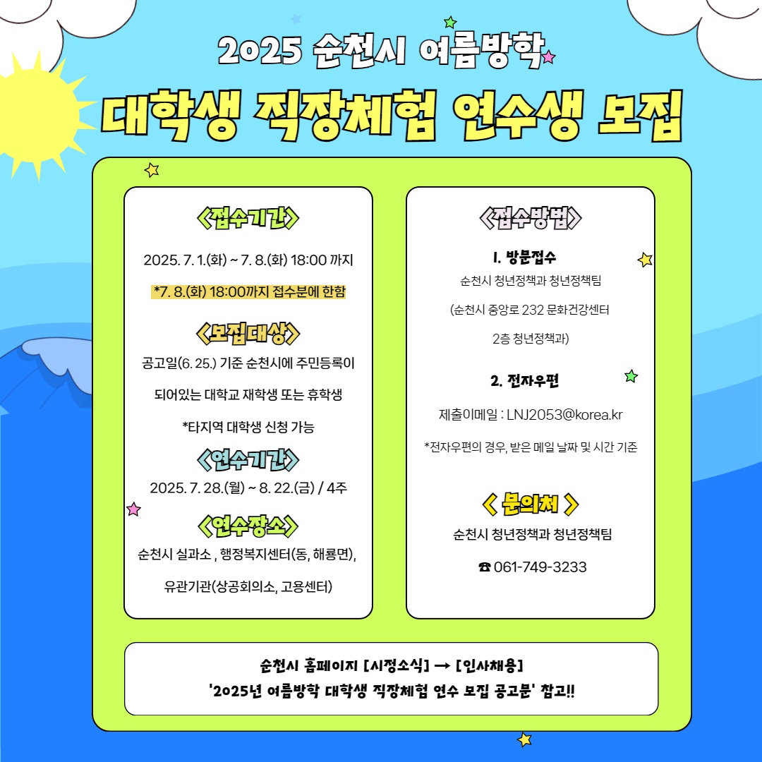 2025순천시 여름방학 대학생 직장체험 연수생 모집 접수기간 2025년 7월 1일 화부터 7월 8일 화 18시까지 7월 8일 화 18시까지 접수분에 한함 모집대상 공고일 6월 25일 기준 순천시에 주민등록이 되어있는 대학교 재학생 또는 휴학생 타지역 대학생 신청가능 연수기간 2025년 7월 28일 월부터 8월 22일 금 4주 연수장소 순천시 실과소 행정복지센터 동 해룡면 유관기관 쌍공회의소 고흥센터 접수방법 1 방문접수 순천시 청년정책과 청년정책팀 순천시 중앙로 232 문화건강센터 2층 청년정책과 2 전자우편 제출이메일 엘엔제이 2053골뱅이 코리아 점 케이알 전자우편의 경우 받은 메일 날짜 및 시간기준 문의처 순천시 청년정책과 청년정책팀 061 749 3233 순천시 홈페이지 시정소식 인사채용 2025년 여름방학 대학생 직장체험 연수 모집 공고문 참고