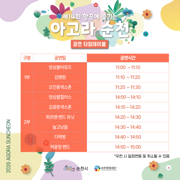 제14회 항꾼에 즐기는 아고라 순천 행사를 안내하는 포스터입니다. 순천시와 순천문화재단이 주최하는 이 행사는 화려하고 생동감 넘치는 꽃과 잎사귀 디자인으로 축제 분위기를 물씬 풍깁니다. 포스터는 오전 11시부터 오후 3시까지 다채로운 공연이 펼쳐지는 상세한 타임테이블을 제공하며, 1부와 2부로 나누어 공연팀과 시간을 명확히 안내합니다. 우천 시 일정이 변경되거나 취소될 수 있다는 점을 유의해야 합니다. 이 행사는 시민들에게 풍성한 문화 경험과 즐거운 추억을 선사할 것입니다.