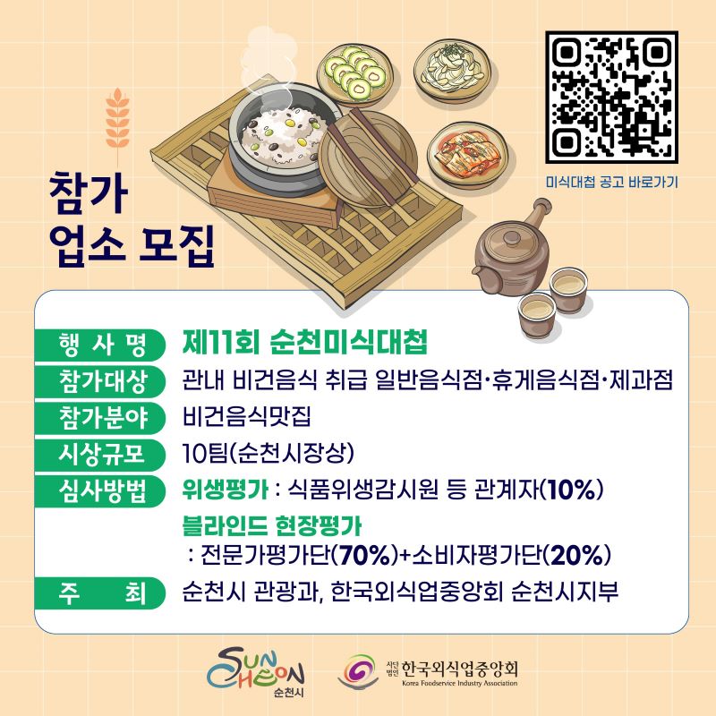 참가업소모집
행사명 제11회 순천미식대첩
참가대상 관내 비건음식 취급 일반음식점 휴게음식점 제과점
참가분야 비건음식맛집
시상규모 10팀(순천시장상)
심사방법 위생평가- 식품위생감시원 등 관계장(10%), 블라인드 현장평가- 전문가평가단(70%)+소비자평가단(20%)
주최 순천시 관광과 한국외식업중앙회 순천시지부
순천시 사단법인한국외식업중앙회