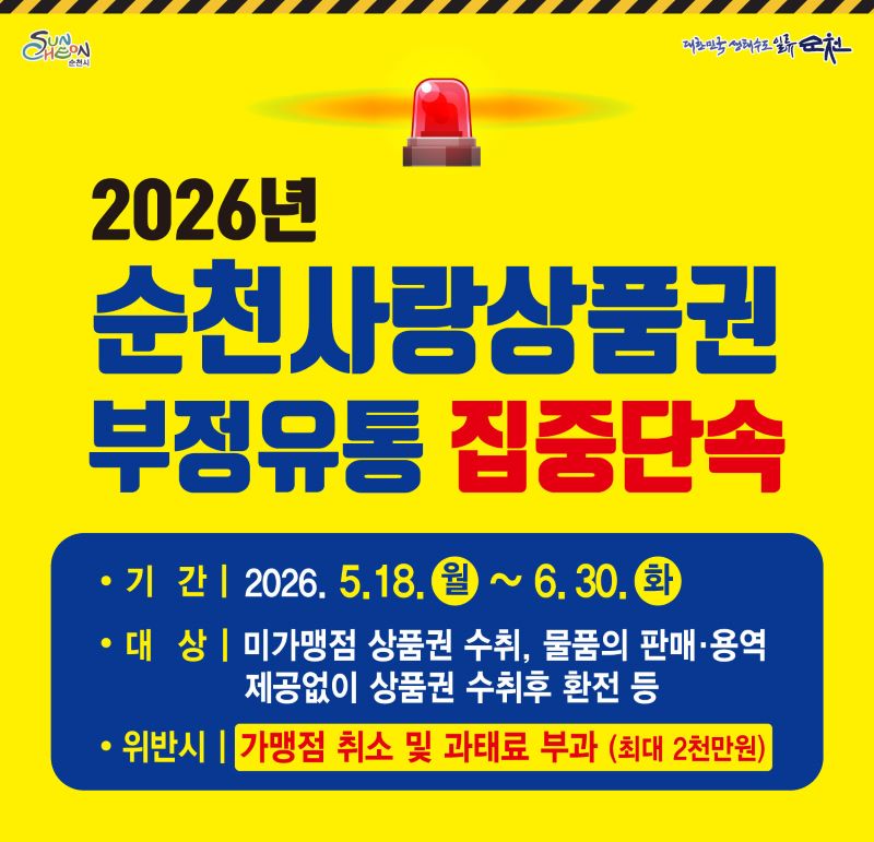 2026년 순천사랑상품권 부정유통 집중단속 기간 2026년 5월 18일 월요일부터 6월 30일 화요일까지 대상 미가맹점 상품권 수취 물품의 판매 용역 제공없이 상품권 수취 후 환전 등 위반시 가맹점 취소 및 과태료 부과 최대 2천만원