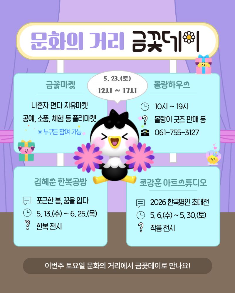 문화의 거리 금꽃데이 5월 23일 토요일 12시부터 17시까지 금꽃마켓 나혼자 편다 자유마켓 공예 소품 체험 등 플리마켓 누구든 참여가능 몰랑하우스 10시부 19시까지 몰랑이 굿즈 판매 등 전화 061 755 3127 김혜순한복공방 포근한 봄 꿈을 입다 5월13일 수요일부터 6월 25일 목요일까지 한복 전시 조강훈아트스튜디오 2026 한국명인 초대전 5월 6일 수요일부터 5월 30일 토요일까지 작품전시 이번주 토요일 문화의 거리에서 금꽃데이로 만나요