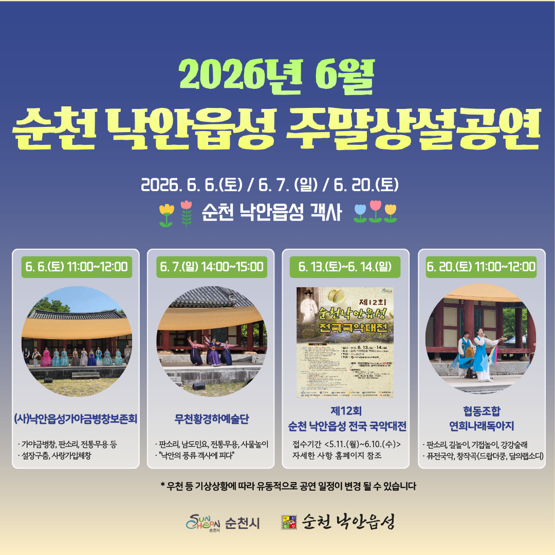 2026년 6월 순천 낙안읍성 주말상설공연 2026년 6월 6일 토요일 6월 7일 일요일 6월 20일 토요일 순천 낙안읍성 객사 6월 6일 토요일 11시부터 12시까지 낙안읍성가야금병창보존회 가야금병창 판소리 전통무용 등 설장구춤 사랑가입체창 6월 7일 일요일 14시부터 15시까지 무천황경하예술단 판소리 남도민요 전통무용 사물놀이 낙안의 풍류 객사에 피다 6월 13일 토요일부터 6월 14일 일요일 제12회 순천 낙안읍성 전국 국악대전 접수기간 5월 11일 월요일부터 6월 10일 수요일까지 자세한 사항 홈페이지 참조 6월 20일 토요일 11시부터 12시까지 협동조합 연희나래독아지 판소리 길놀이 기접놀이 강강술래 퓨전국악 창작곡 드랍더쿵 달의랩소디 우천 등 기상상황에 따라 유동적으로 공연 일정이 변경 될 수 있습니다